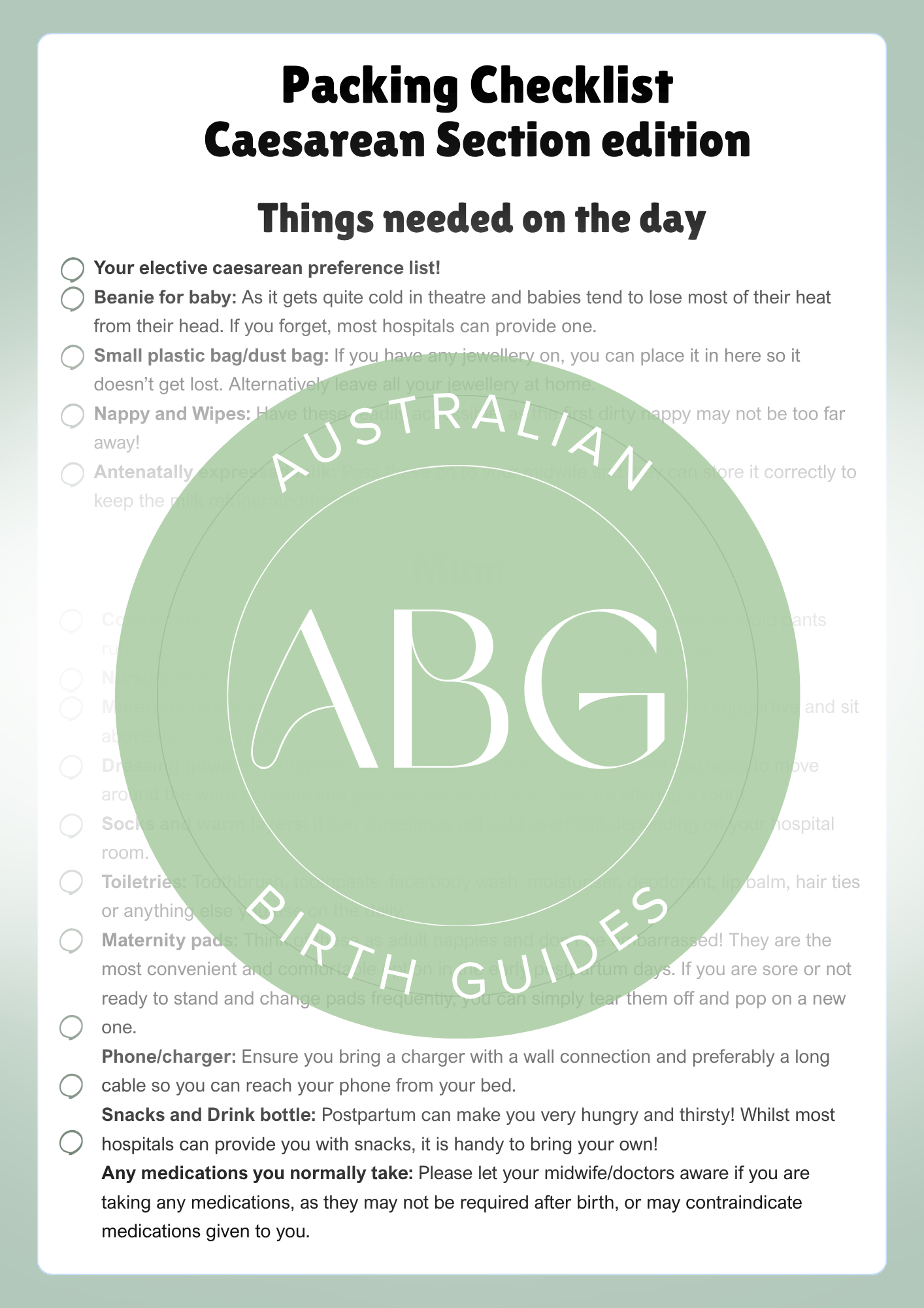 Caesarean Packing Checklist